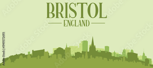 Green panoramic poster of the city skyline with solid background buildings on a hilly terrain of BRISTOL, UNITED KINGDOM