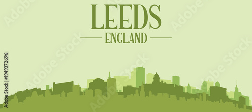 Green panoramic poster of the city skyline with solid background buildings on a hilly terrain of LEEDS, UNITED KINGDOM