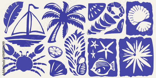 Blue and white tropical illustration featuring nautical and marine life