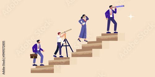Business professionals ascending steps one looking through a telescope