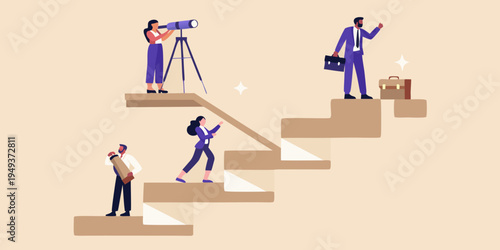 Business professionals ascending stairs symbolizing career growth and future vision