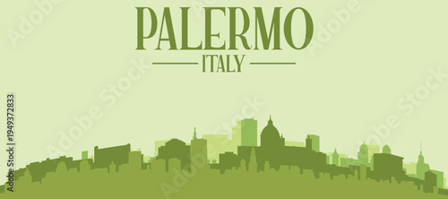 Green panoramic poster of the city skyline with solid background buildings on a hilly terrain of PALERMO, ITALY