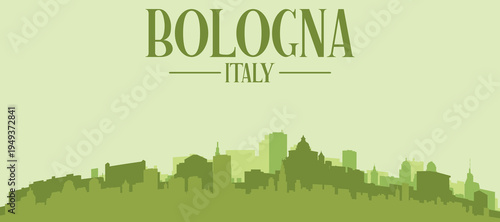 Green panoramic poster of the city skyline with solid background buildings on a hilly terrain of BOLOGNA, ITALY