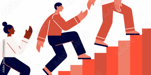 People assisting each other to climb stairs representing growth and support