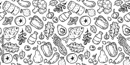 Food seamless pattern. Sketch doodles . Whimsical food doodles, Hand drawn vector illustration for menu, packaging design. Food quirky icons, simple sketch style. Top view. Simply fun