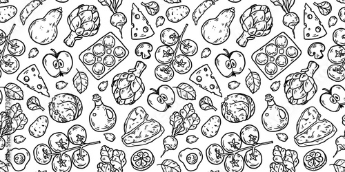 Food seamless pattern. Sketch doodles . Whimsical food doodles, Hand drawn vector illustration for menu, packaging design. Food quirky icons, simple sketch style. Top view. Simply fun