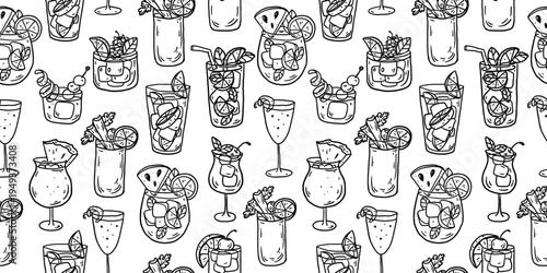 Hand drawn cocktail seamless pattern. Whimsical drinks doodles. Hand drawn vector illustration for menu, packaging design. Cocktails quirky icons, simple sketch style.