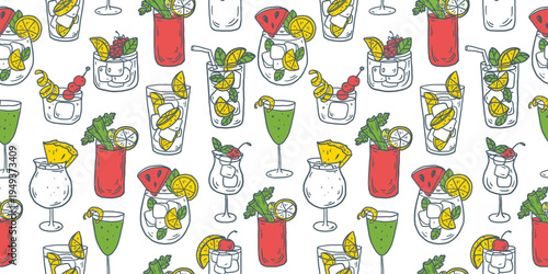 Hand drawn cocktail seamless pattern. Whimsical drinks doodles. Hand drawn vector illustration for menu, packaging design. Cocktails quirky icons, simple sketch style. Partially colored drawing