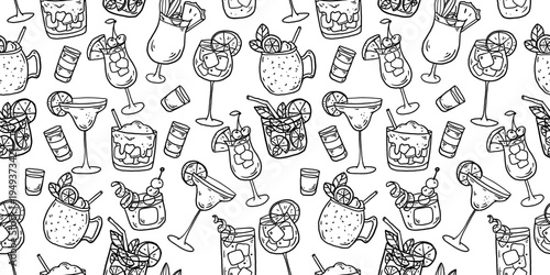 Hand drawn cocktail seamless pattern. Whimsical drinks doodles. Hand drawn vector illustration for menu, packaging design. Cocktails quirky icons, simple sketch style.