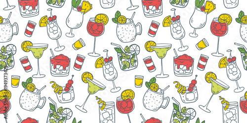 Hand drawn cocktail seamless pattern. Whimsical drinks doodles. Hand drawn vector illustration for menu, packaging design. Cocktails quirky icons, simple sketch style. Partially colored drawing