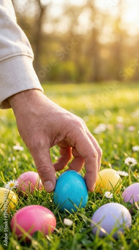 Hand of a person reaching for a blue Easter egg among colorful eggs on green grass in a sunlit park, with blurred trees and flowers in the background creating a festive spring atmosphere