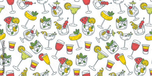 Hand drawn cocktail seamless pattern. Whimsical drinks doodles. Hand drawn vector illustration for menu, packaging design. Cocktails quirky icons, simple sketch style. Partially colored drawing