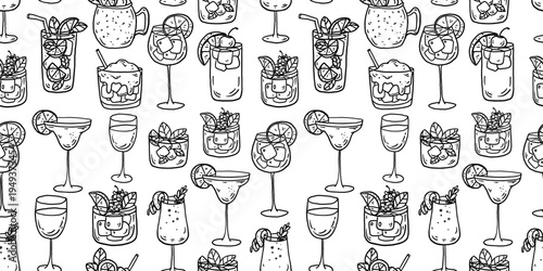 Hand drawn cocktail seamless pattern. Whimsical drinks doodles. Hand drawn vector illustration for menu, packaging design. Cocktails quirky icons, simple sketch style.