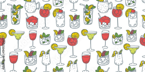 Hand drawn cocktail seamless pattern. Whimsical drinks doodles. Hand drawn vector illustration for menu, packaging design. Cocktails quirky icons, simple sketch style. Partially colored drawing