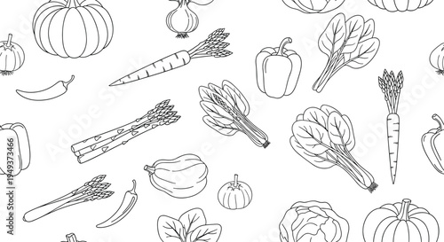 Comprehensive collection of vegetable line art includes pumpkins, carrots, and spinach arranged in a seamless pattern.