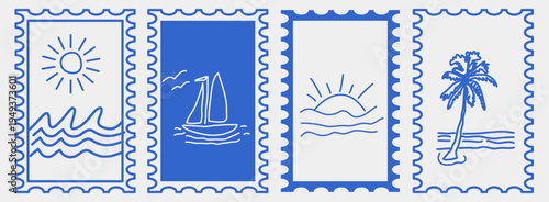 summer holiday frame wavy doodle set. Sun, sea, palm, boat hand drawn. Vector stamp collection, retro poster for web design. Vector illustration 