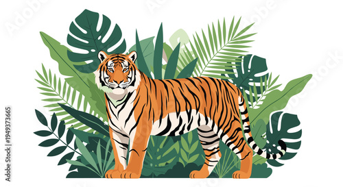 Majestic tiger stands among a lush arrangement of tropical green leaves like monstera and palm fronds in a jungle setting.