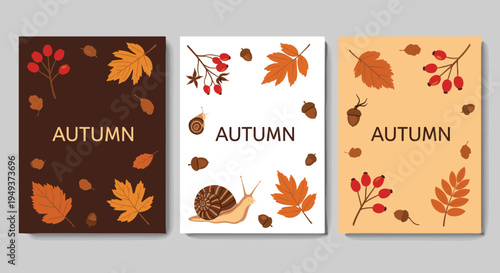 Three seasonal autumn cards feature various fall elements like maple leaves, snails, and acorns on earthy backgrounds.