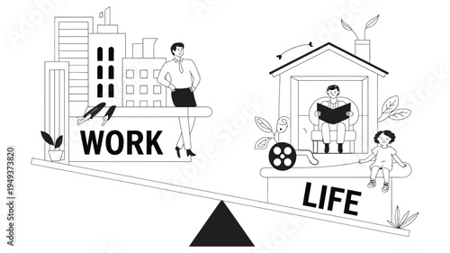 Work life balance vector illustration with people on balanced scales, symbolizing equilibrium between work and personal life, stress management and healthy lifestyle concept.