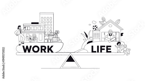 Work life balance vector illustration with people on balanced scales, symbolizing equilibrium between work and personal life, stress management and healthy lifestyle concept.