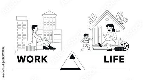Work life balance vector illustration with people on balanced scales, symbolizing equilibrium between work and personal life, stress management and healthy lifestyle concept.