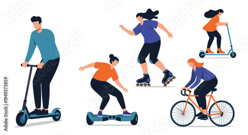 Group of diverse people are shown riding various modern transportation like electric scooters, bikes, and skateboards.