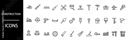 Construction icons set displays various essential building equipment