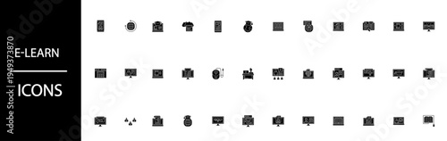 E-learn icons set features diverse symbols for online education