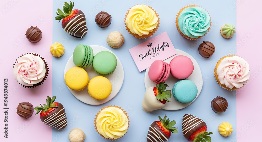 Obraz premium Assortment of Delicious Desserts: Chocolate Strawberries, Macarons, Cupcakes, and Truffles