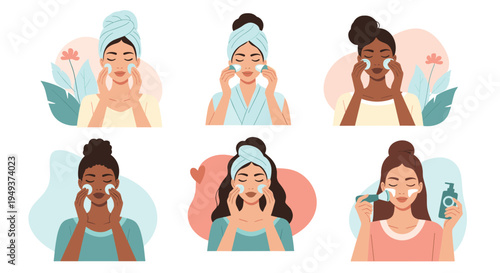 Diverse group of women perform different stages of a daily skincare routine like cleansing and applying moisturizer.