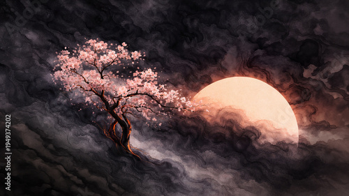 Blooming cherry tree silhouetted against a large glowing moon and dark swirling clouds drawing on textured rice paper, dramatic spring night landscape, poetic nature scene, serene atmosphere