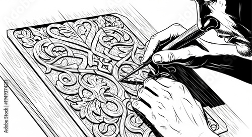 Close-up of Hands Carving Intricate Design on Wood.