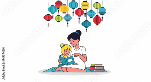 Mother and daughter reading a book together under colorful hanging lanterns, illustration