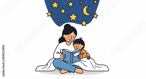 Mother reading a bedtime story to her child under a starry night sky, illustration