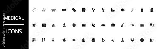 Comprehensive black and white collection of diverse medical icons representing essential healthcare tools treatment procedures and emergency services for professional interface design needs