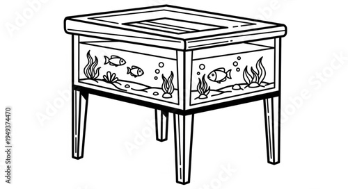 Illustration of a fish tank on a stand with fish.