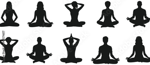 Yoga meditation silhouette set showing different sitting poses for relaxation, mindfulness practice, spiritual balance and healthy lifestyle wellness concept.