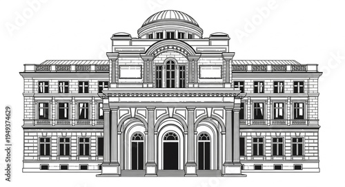 Detailed architectural drawing of a grand classical building facade.