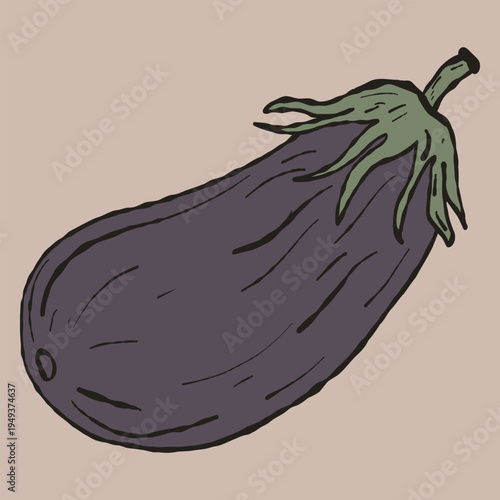 Vintage Plum Purple Eggplant Hand-Drawn Illustration. Organic Aubergine Artwork for Mediterranean Cuisine Branding, Rustic Kitchen Decor, and Farm-to-Table Menu Design. Muted Purple Aesthetic