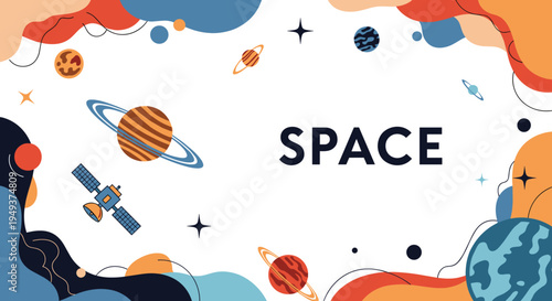 Cosmic space banner displays various planets, stars, and a satellite orbiting around bold navy text on a white background.