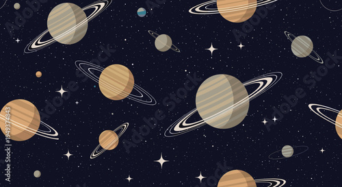 Seamless space pattern shows various planets with rings and bright stars scattered across a dark starry background.