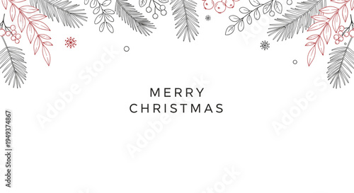 Elegant Merry Christmas card displays a delicate header of hand drawn winter branches and berries in black and red.