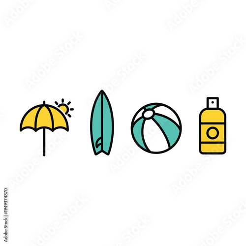 summer beach vacation essentials flat lay with surfboard and sunscreen