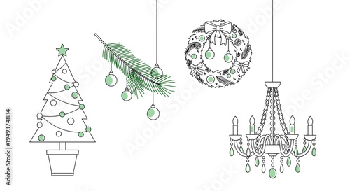 Collection of green Christmas outlines includes a decorated tree, a wreath, an evergreen branch, and an ornate chandelier.