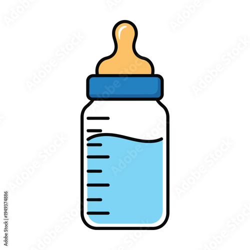 Blue and beige baby bottle with light blue liquid isolated on white background