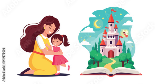 Mother hugging daughter, fantasy castle emerging from an open book, imagination and childhood dreams concept
