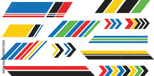 Colorful racing stripes set with diagonal speed lines arrow shapes motorsport graphic vector illustration