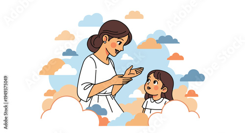 Loving mother tells an enchanting story to her curious daughter, fostering imagination and connection amidst a dreamy cloudscape illustration.