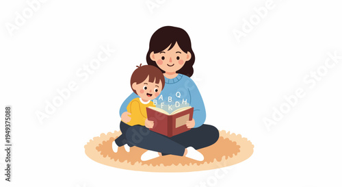 Charming cartoon illustration depicting a caring mother reading a storybook to her curious young child, emphasizing education and precious family time.