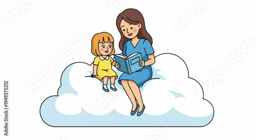 Cute illustration of a loving mother reading a storybook to her little daughter while sitting on a soft cloud, symbolizing imagination and learning.